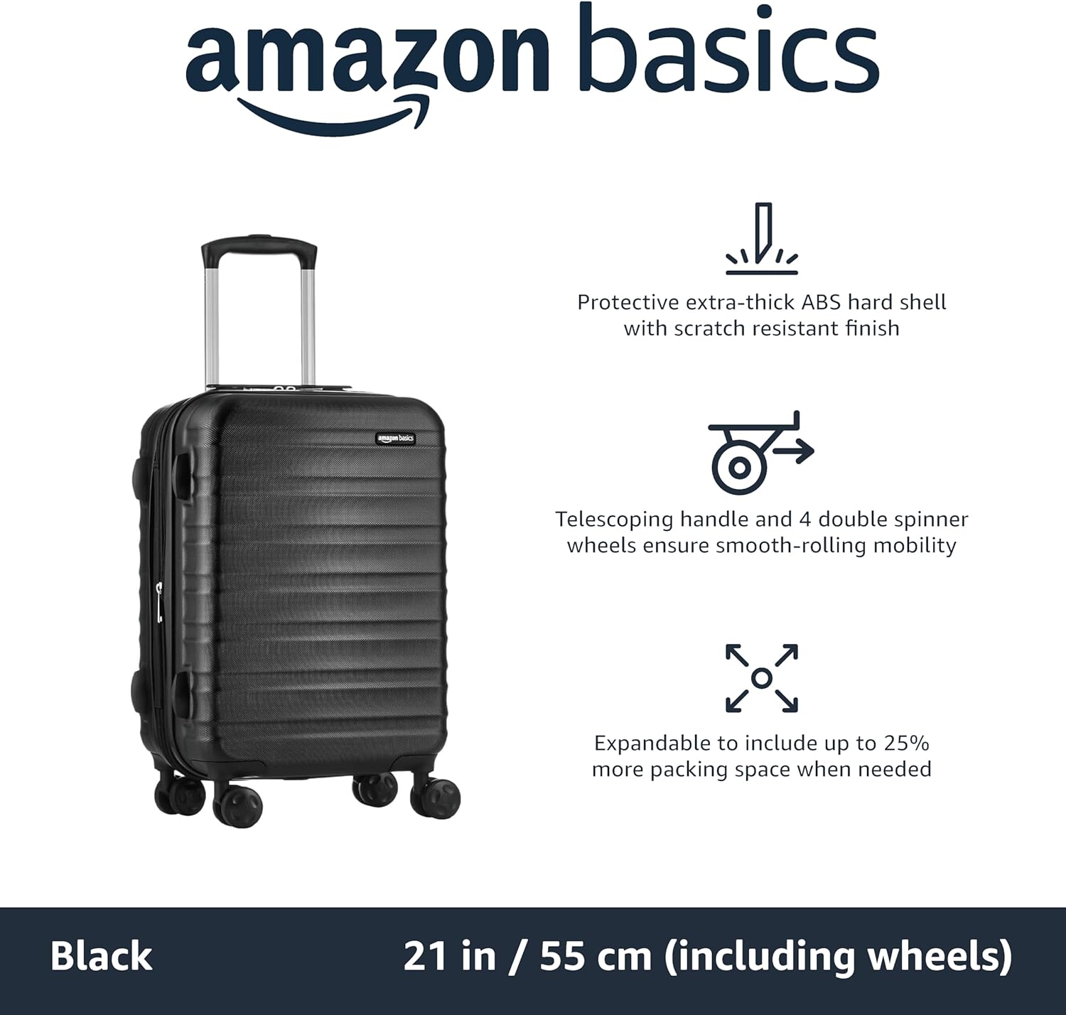 Expandable Hardside Carry-On Luggage, Suitcase with Wheels, 21-Inch Spinner with Four Spinner Wheels and Scratch-Resistant Surface, Black - Image 2