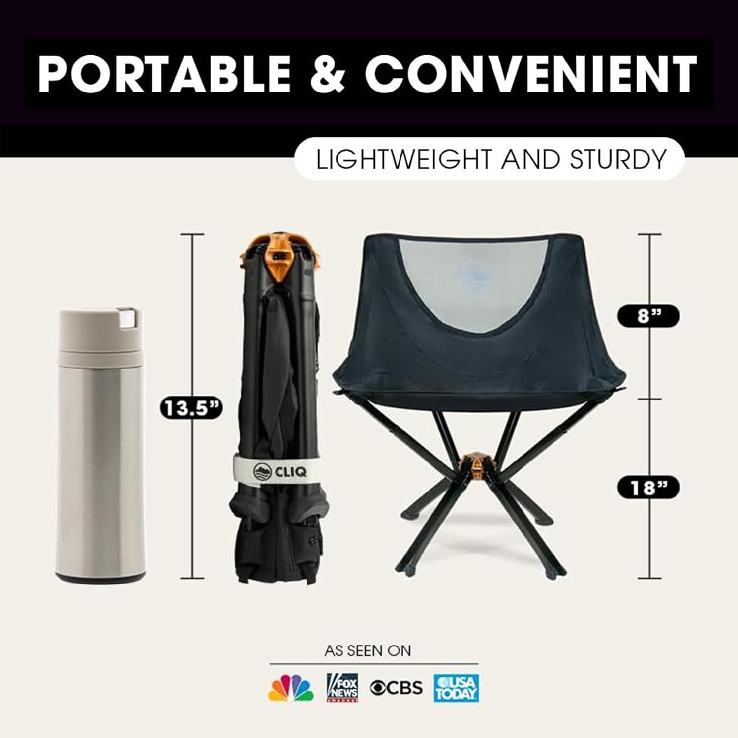 CLIQ Portable Camping Chair - Collapses to Size of Water Bottle - Lightweight Folding Chair for Camping - Outdoor Chair Supports 300 Lbs - Camp Chair Outdoor Adventures, Black - Image 3