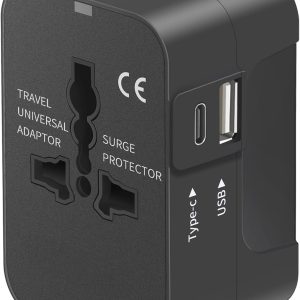 Travel Adapter, Worldwide All in One Universal Travel Adaptor AC Power Plug Adapter Wall Charger with USB-C and USB-A Charging Ports for USA EU UK AUS Black