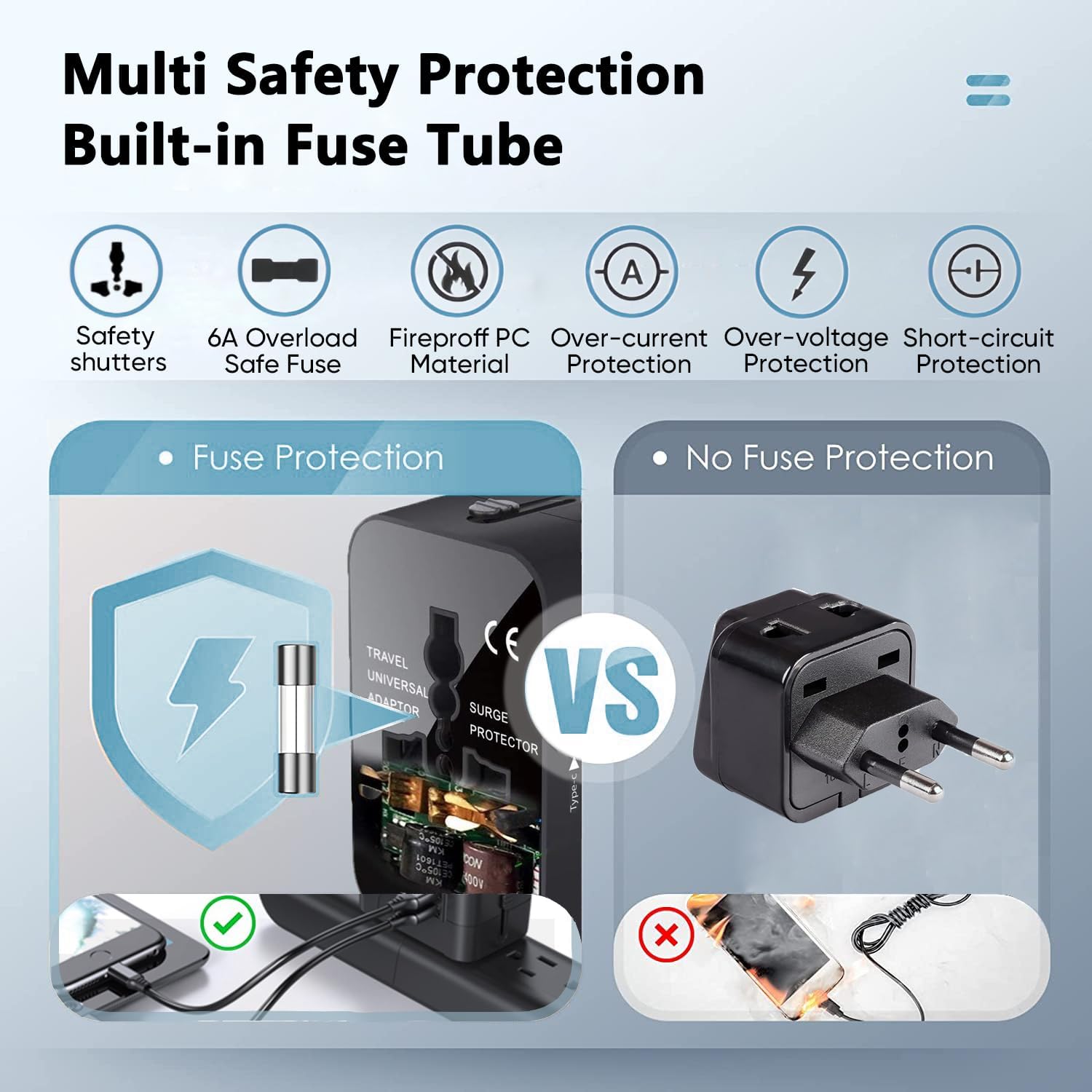 Travel Adapter, Worldwide All in One Universal Travel Adaptor AC Power Plug Adapter Wall Charger with USB-C and USB-A Charging Ports for USA EU UK AUS Black - Image 4
