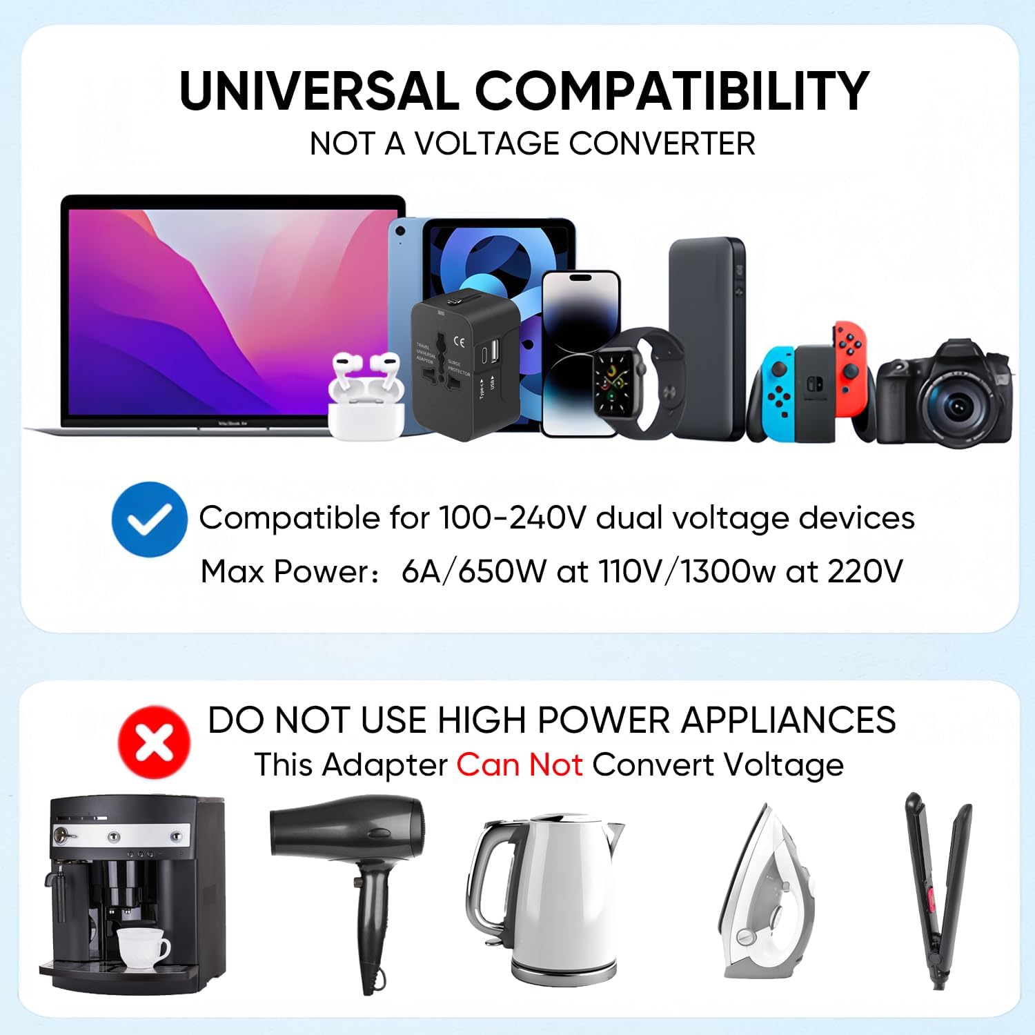 Travel Adapter, Worldwide All in One Universal Travel Adaptor AC Power Plug Adapter Wall Charger with USB-C and USB-A Charging Ports for USA EU UK AUS Black - Image 6